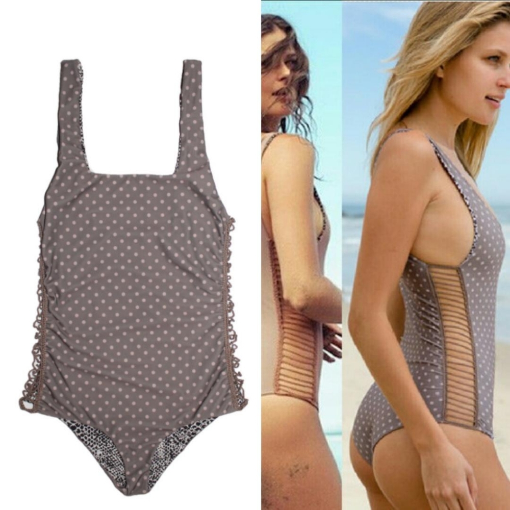 New acacia puka Bordeaux one-piece polka dot S tan